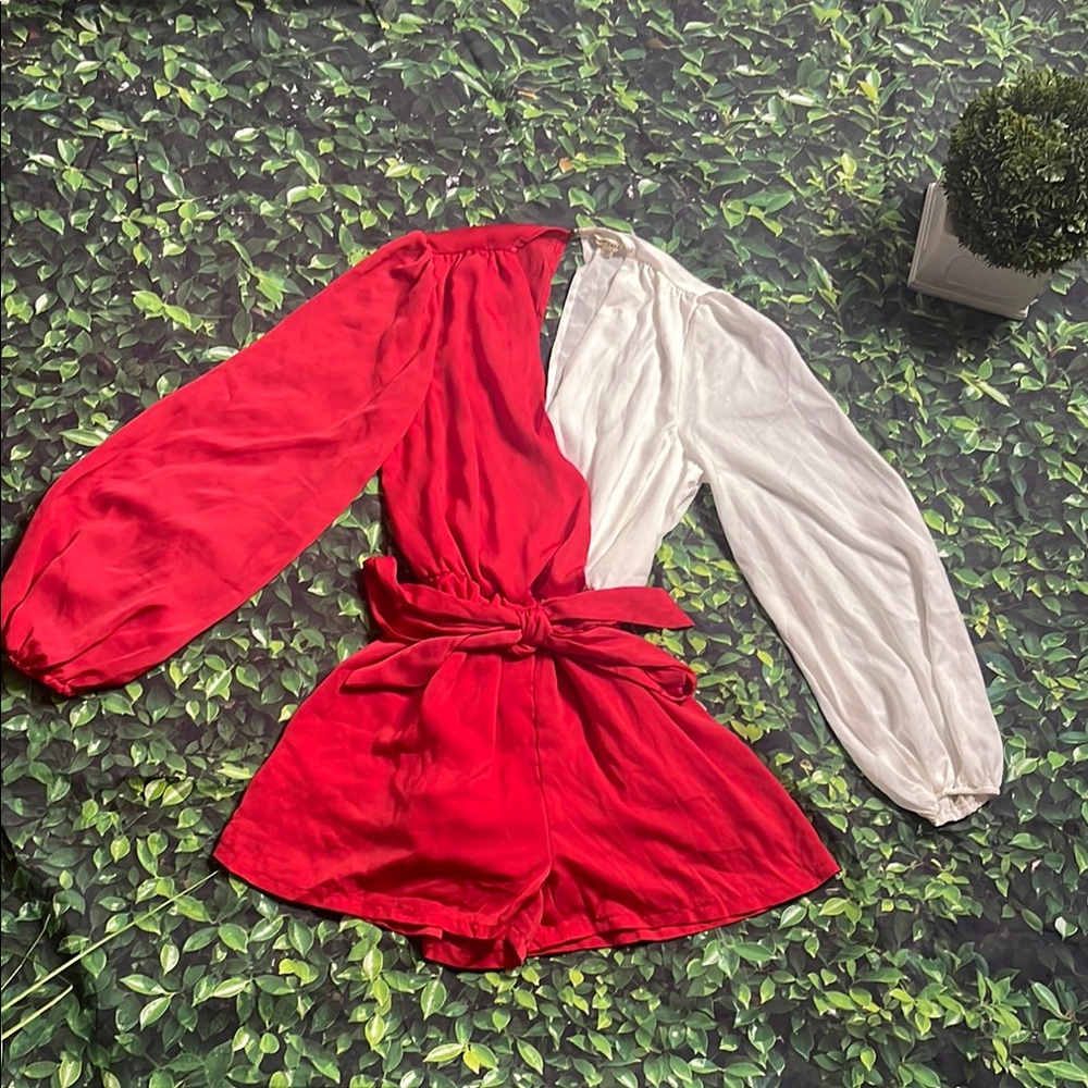 Red and White One-Shoulder Romper